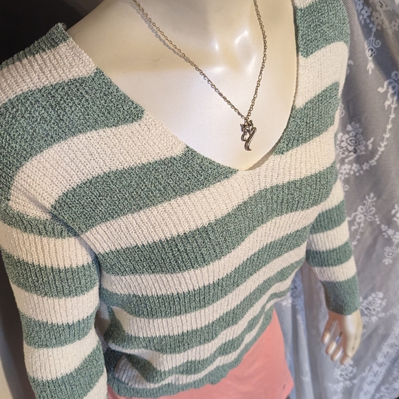 Mystree small nodded v-neck seafoam striped unique sweater beachy sexy - Picture 5 of 9